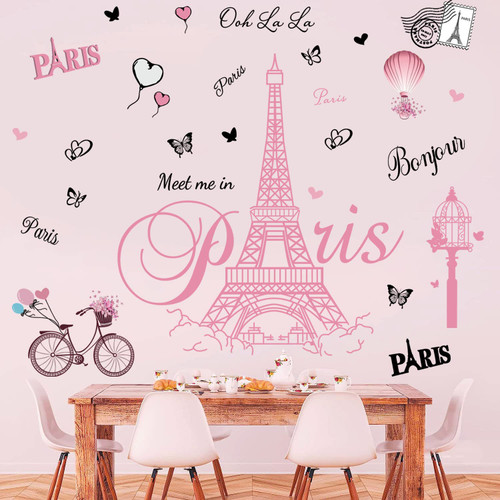 Pink Paris Tower Wall Stickers Bicycle Hot Air Balloon Eiffel Tower Wall Decals Peel and Stick Paris Tower Wall Decor Wall Art Sticker for Bedroom Living Room Sofa Backdrop TV Wall Decoration Home Decor.
