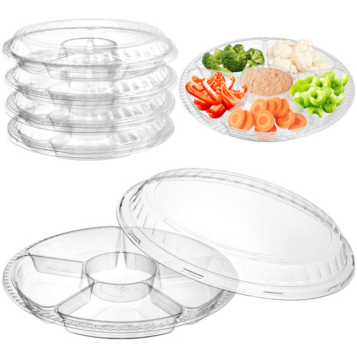Lawei 30 Pack 12.5 Inch Plastic Appetizer Tray with Lid, 6 Sectional Round Plastic Serving Tray, PET Food Serving Dip Platter, Disposable Fruit Vegetable Trays Storage Containers for Party Buffet