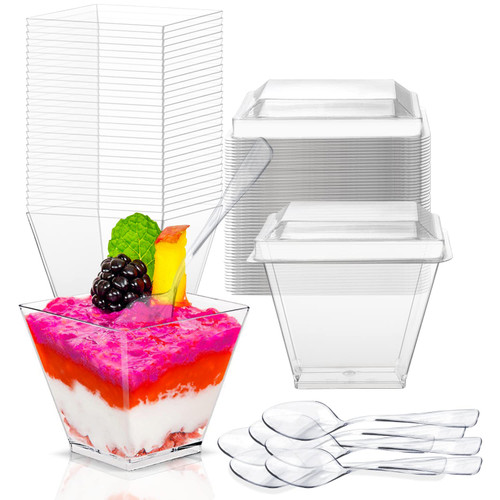 Dessert Cups, 50 Pack 7oz Clear Plastic Dessert Cups with Lids and Spoons Mini Square Tumbler Serving Cups Appetizer Parfait Cups for Party Tasting Mousse Pudding Yogurt