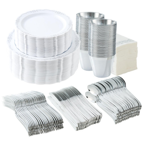 Conflech 350pcs Gold Disposable Dinnerware Set, 50 Guests 100 Gold Lace Plastic Plates, 150 Gold Disposable Plastic Silverware, 50 Gold Plastic Cups, and 50 Hand Napkins Perfect for Wedding & Party