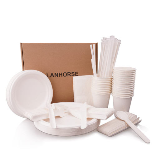 Lanhorse Party Set for 25 Guests, 100% Biodegradable Dinnerware Made of Sugarcane Fibers. Compostable Dinner Set, Eco Friendly Disposable Tableware Plates, Cups, Knives, Forks, Spoons and More.