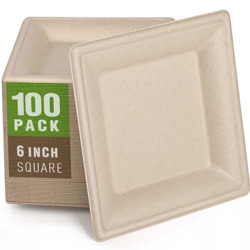 Gezond 100 Pack Compostable Square Plates 6 Inch Disposable Paper Plates Sugarcane Cake Plates for Party Unbleached Eco-friendly Salad Plates Biodegradable
