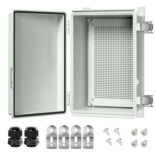 LeMotech Electrical Box, IP67 Waterproof Hinged Cover Stainless Steel Latch Junction Box, ABS Plastic Electrical Enclosure with Mounting Plate,Wall Brackets, Cable Glands,11.4"x7.5"x5.5",Grey
