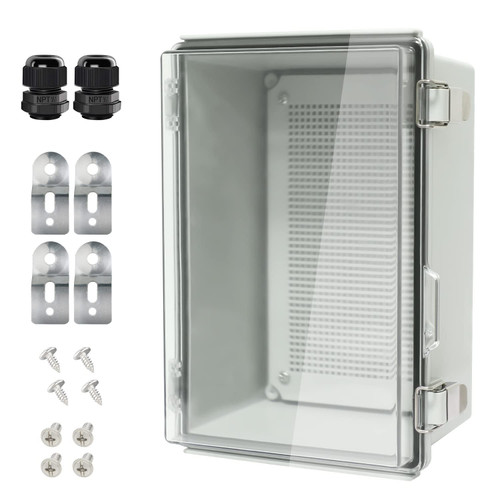 LeMotech Electrical Box, IP67 Waterproof Hinged Clear Cover Stainless Steel Latch Junction Box, ABS Plastic Electrical Enclosure with Mounting Plate,Wall Brackets, Cable Glands,11.4"x7.5"x5.5",Grey