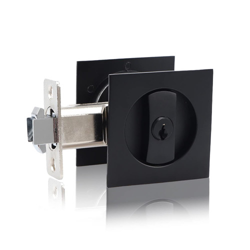 Pocket Door Lock with Key, ITskyblrok Matte Black Contemporary Entrance Square Pocket Door Lock, Bed/Bath Pocket Door Hardware, Sliding Pocket Door Latch (Black)