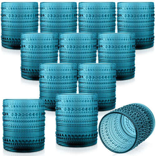 Bokon 12 Pcs 13 oz Hobnail Drinking Glasses Bulk Vintage Beaded Glassware Old Fashioned Bubble Glasses Embossed Glassware Sets Colored Kitchen Glasses for Beverage Juice Water Coffee Milk Tea (Blue)