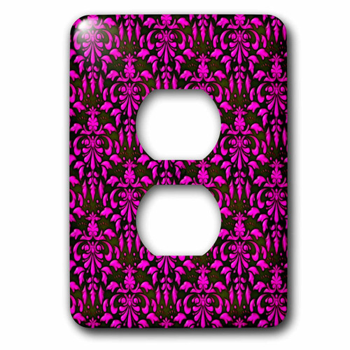 3dRose Pretty Bright Pink On Black Leafy Damask Pattern - Light Switch Covers (lsp-367450-6)