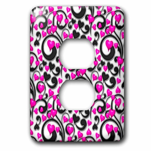 3dRose Cute Bright Pink Hearts and Black Swirls Pattern - Light Switch Covers (lsp-367500-6)