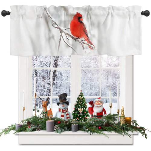 ALAGEO Christmas Valances Windows Curtain Christmas Red Cardinals Birds Kitchen Valances Rod Pocket Winter Snowy Short Topper Curtains for Winter Holiday Christmas Decorations 1 Panel,54 by 18 inches