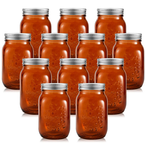 12 Pieces 32 oz Amber Mason Jars Colored Mason Jars Glass Mason Jars with Lids Glass Wide Mouth Canning Jar Mason Jars NOT Allowed Dishwasher