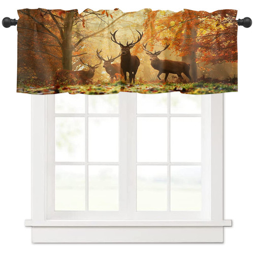 Windows Valances Curtain Deer in Autumn Forest Sunset Kitchen Valances Rod Pocket Window Curtain Treatment Short Topper Curtains for Kitchen Bedroom Living Room 1 Panel, 54 x 18 inch