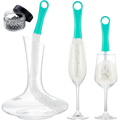 3 Pieces Wine Cleaning Brush Flexible Bottle Scourer with Stainless Steel Decanter Cleaning Balls Multi-Function Household Cleaning Tools for Goblets/Champagne Flutes/Cups/Glasses (Green)