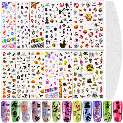 12 Sheets Halloween Nail Art Stickers Halloween Nail Decals Pumpkin Bat Ghost Witch Spider Nail Stickers 3D Design DIY Self Adhesive Nail Art Stencil for Halloween Party Supplies
