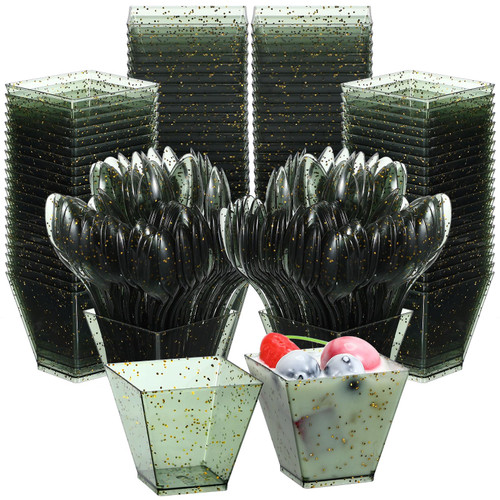 Didaey 200 Pcs Bulk 2oz Square Small Plastic Dessert Cups Ice Cream Cups with Spoons Mini Glitter Dessert Cups Appetizer Parfait Cups Ice Cream Bowls Tasting Spoons Yogurt Tumbler Square Cup