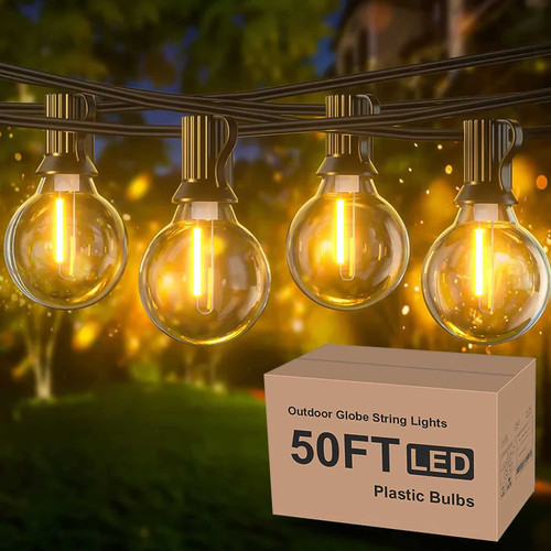 CHARKEE 50 ft Outdoor String Lights,Waterproof Shatterproof Globe LED Patio Lights with 26pcs Bulbs,Outdoor Hanging String G40 Light for Bistro, Cafe, Backyard Balcony,E12,Black,Dimmable,Connectable
