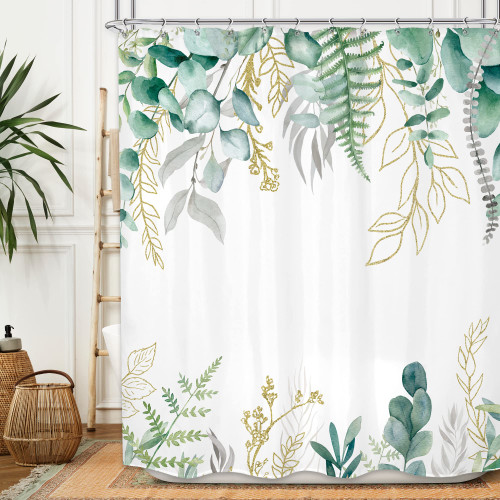 MESHELLY Sage Green Eucalyptus Leaves Shower Curtain 60Wx72H Spring Gold Botanical Curtain for Bathroom Bathtub Plant Herb Bath Curtain Cloth Fabric Bathroom Accessories Decor with 12 Hooks