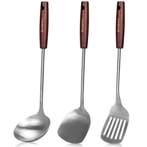 15 inch Large Cooking Spatula Turner Soup Ladle Stainless Steel Wok Spatula Set Wooden Handled Spoon for Cooking Utensils Set Long Ladles Kitchen Utensil Metal Spatula