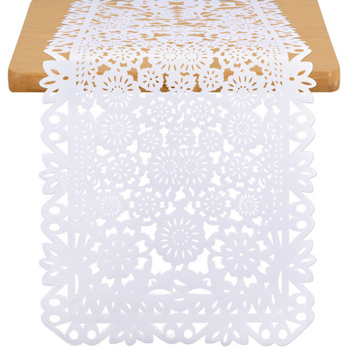 14 x 84 Inches Mexican Party Table Runner White Papel Picado Tablecloth Runner Fabric Table Decoration for Cinco De Mayo Mexican Wedding Fiesta Party Supplies (1)