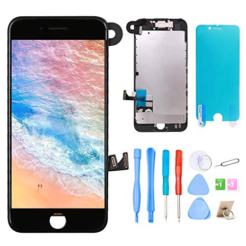 Srinea Screen Replacement for iPhone 7 4.7'' Black, LCD Display Touch Screen with Front Camera, Proximity Sensor, Ear Speaker, Digitizer Frame Assembly and Full Repair Kit for iPhone 7