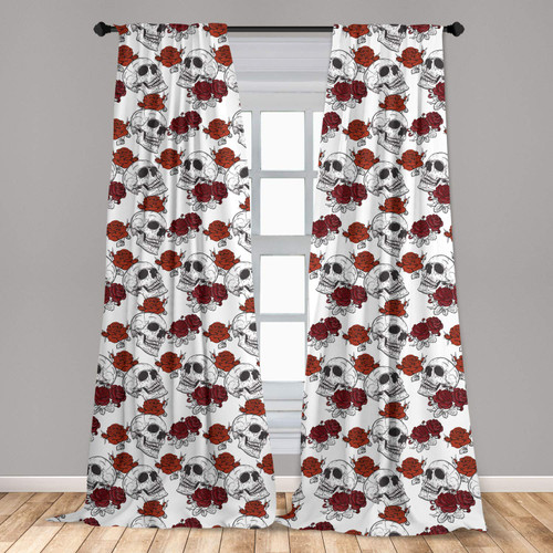 Ambesonne Skull Curtains, Retro Gothic Dead Head Skeleton with Roses Halloween Theme Spooky Trippy Romantic, Window Treatments 2 Panel Set for Living Room Bedroom, Pair of - 28" x 63", Grey