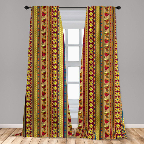 Ambesonne African Window Curtains, Oriental Djembe Drums Music Culture in Theme Geometric Chevrons Triangles, Lightweight Decor 2-Panel Set with Rod Pocket, Pair of - 28" x 84", Yellow Ruby