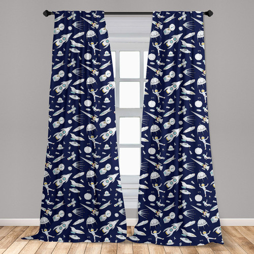 Ambesonne Space Curtains, Planets Rockets Cosmonauts Shuttles UFO Cosmic Adventure Digital Theme, Window Treatments 2 Panel Set for Living Room Bedroom Decor, Pair of - 28" x 95", Indigo White