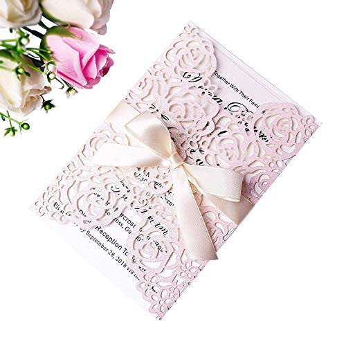 PONATIA 25PCS/Lot 250GSM 5.12 x 7.1'' Glitter Wedding Invitations Cards Laser Cut Hollow Rose With Pink Ribbons For Bridal Shower Engagement Birthday Graduation Invite (Light Pink Glitter)