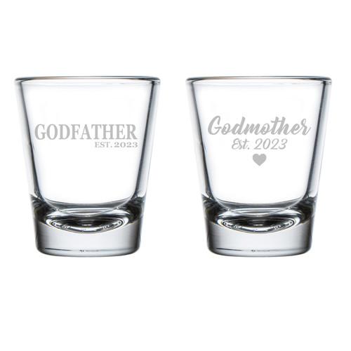 MIP Set of 2 Shot Glasses 1.75oz Shot Glass Gift Godmother Est 2023 And Godfather Est 2023