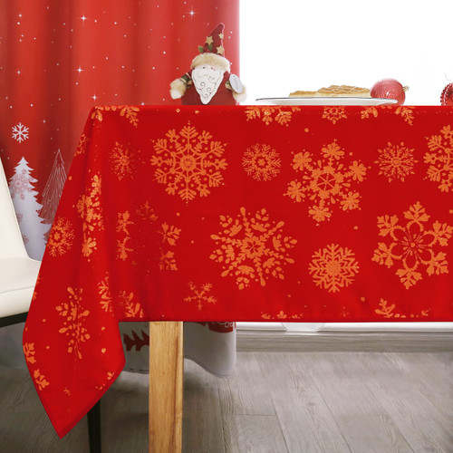 MikiUp Jacquard Rectangle Christmas Tablecloth - Xmas Snowflakes Glitz Metallic Fabric Table Cloth, Waterproof and Washable Holiday Decorative Table Cover for Party Dining Room, Red/Gold 60 x 84 Inch