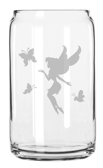 Mystical Fairy And Magic Butterflies Hand Made Etched Glass Can 16 oz