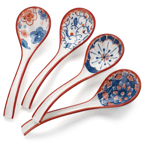 Asian Soup Spoon Set of 4 Ceramic Ramen Spoons Long Handle Chinese Soup Spoons Porcelain Japanese Soup Spoon for Pho, Miso, Noodles, Dumpling, Wonton (Model 1#)