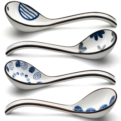 Ceramic Soup Spoons Set of 4 Porcelain Japanese Soup Spoon Long Handle Asian Soup Spoon Sets for Pho Ramen Noodles Wonton Dumpling Rice (Model 6#)