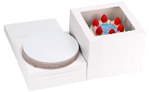 Moretoes 30pcs 10x10x8 Inches Cake Boxes with Cake Boards Set (15pcs Boxes and 15pcs Boards), White Tall Bakery Box with Window Pastry Boxes Disposable Cake Containers for Desserts, Cupcakes