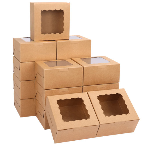 Moretoes 80pcs Bakery Boxes with Window 6x6x3 Inches Kraft Cookie Boxes Small Treat Boxes Pastry Boxes for Chocolate Covered Strawberries, Macarons, Cupcakes, Goodies, Donuts