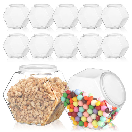 12 Pieces Hexagon Shaped Plastic Cookie Jars with Airtight Lids Wide Mouth Clear Plastic Candy Jars Reusable Candy Containers for Home Snack Candy Buffet Storage Kitchen Counter, 850 ml, 2150 ml