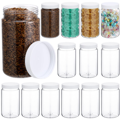 15 Pcs 32 oz Clear Plastic Jars with Lids Mason Jars with Ribbed Liner Screw on Lids Wide Mouth Empty Jars Storage Containers Bulk for Kitchen Food Liquids Home Craft (White)
