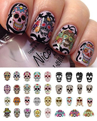 Sugar Skull Nail Decals Assortment #1 Water Slide Nail Art Decals- Salon Quality!