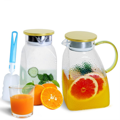 2PCS Glass Pitcher for Fridge, Goteble 1800ML / 60Oz Water Pitcher with Lid, Cold Beverage Jug Suit for Fridge Side Door