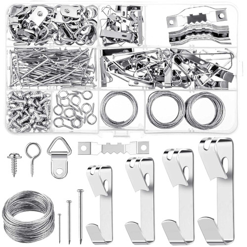 Hotop Assorted Picture Hangers Picture Hanging Kit Wall Hanging Kit 246 Pieces Including Nails, Hanging Wire, Screw Eyes, D Ring, Sawtooth for Wall Hanging Hardware Mounting Picture Photo Frames
