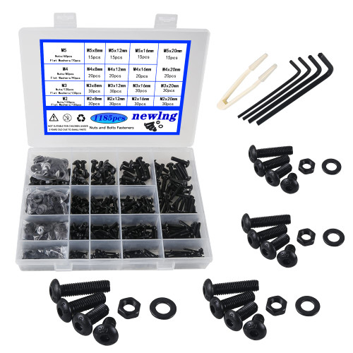 newlng 1180pcs M2 M3 M4 M5 Screws Set Black Nuts and Bolts Flat Washers Assortment 10.9 Grade Alloy Steel Metric Machine Screws and Nuts Socket Head Screws Assorted with Four Hex Wrenches