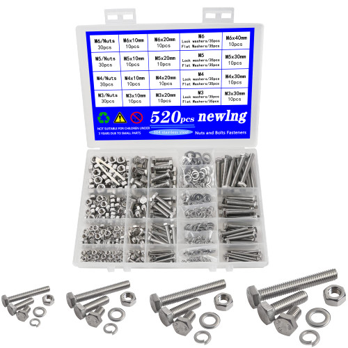 newlng M3 M4 M5 M6 Bolts and Nuts Flat and Lock Washers Assortment Kit 520 PCS Metric 304 Stainless Steel Hex Head Cap Screws Bolts and Nuts Assortment Set Fasteners Bolts Kit with Combination Box newlng M3 M4 M5 M6 Bolts and Nuts Flat and Lock Washers Assortment Kit 520 PCS Metric 304 Stainless Steel Hex Head Cap Screws Bolts and Nuts Assortment Set Fasteners Bolts Kit with Combination Box