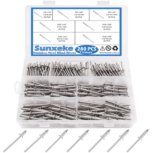 Sunxeke 280pcs Stainless Steel Blind Rivets, 7 Values 304 Stainless Steel Pop Rivets Assortment Kit