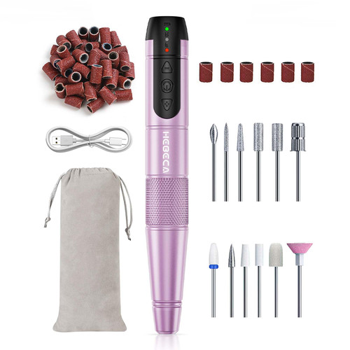 HEBECA Electric Nail Drill Cordless, 12 in 1 Professional Nail File Buffer Drill Machine for Natural Acrylic Gel Nails, Rechargeable Manicure Pedicure Kit Great for Home Use Beginners