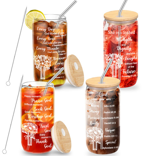 Religious Gifts for Women Birthday Gifts for Her Christian Gifts Inspirational Gifts Spiritual Gifts Best Friends Sister Coworker Mom 16 oz Can Shaped Glass with Bamboo Lid and Straw (4 Pcs, Classic)
