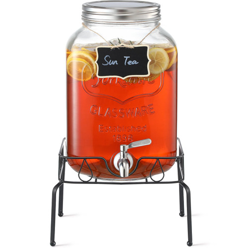 2 Gallon Glass Beverage Dispenser with Stand and Lid, 18/8 Stainless Steel Spigot - Glass Drink Dispensers for Parties - Mason Jar Drink Dispensers with Lids