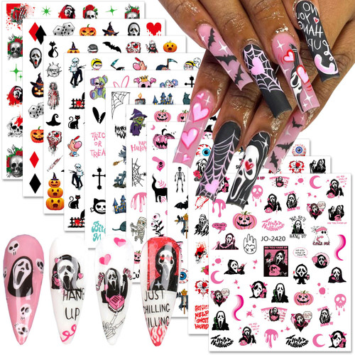 10 Sheets Halloween Nail Stickers 3D Halloween Horror Nail Decals Evil Skull Pumpkin Spider Ghost Design Self-Adhesive Halloween Nail Art Stickers Manicure Stencils for Women Acrylic Nails Accessories