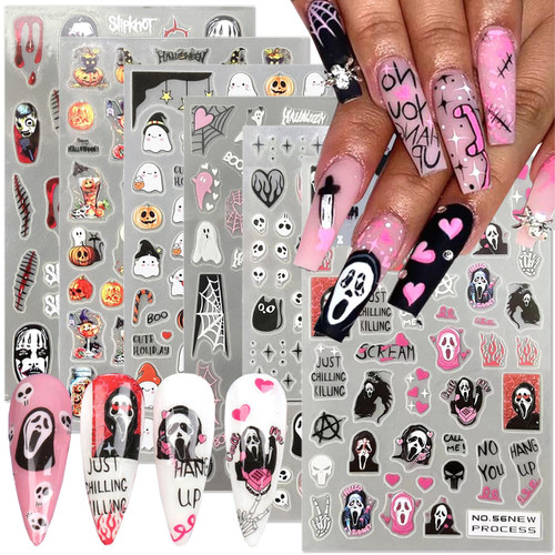 6 Sheets Halloween Nail Art Stickers 5D Embossed Horror Gothic Nail Stickers Evil Pumpkin Spider Ghost Nail Art Design Decals Self-Adhesive Nail Art Supplies for Women DIY Halloween Manicure Decor