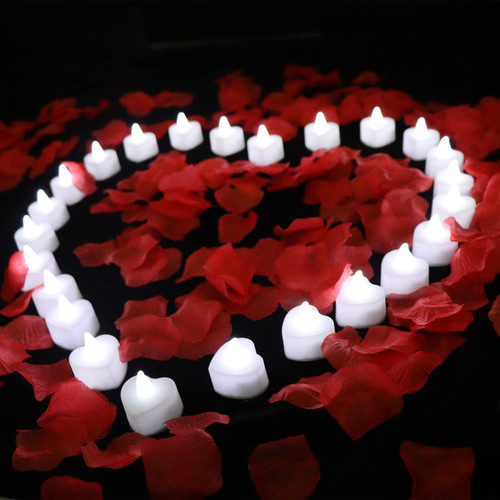 AUSAYE 1000 Pieces Artificial Red Rose Petal with 24 Pieces Heart LED Cool White Candles Flameless Love LED Tealight Candle for Romantic Night Valentine's Day Anniversary Wedding Table Decor