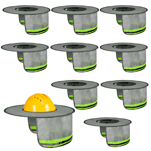 Jspupifip 10 Pack Hard Hat Sun Shield, Full Brim Hard Hat Sun Shade, High Visibility Neck Shade Sun Visor with Reflective Strip for Hard Hat Accessories Construction Sites, Hard Hat Not Included(Grey)