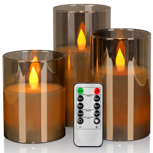 Flameless Flickering LED Candles 4" 5" 6" Set of 3 Battery Operated Glass Pillar Candles with Remote Control and Timer, Gray